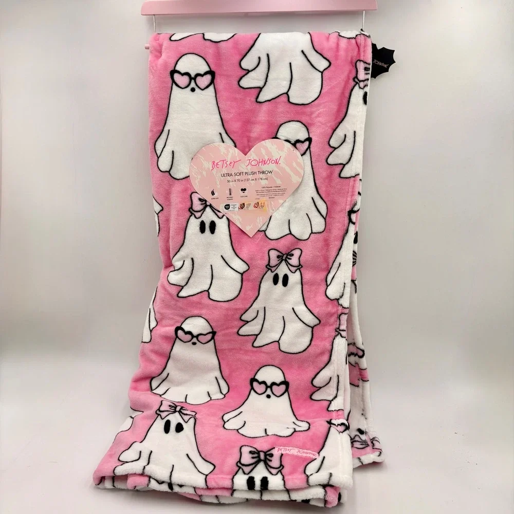 Betsey Johnson Pink Ghost Heart Sunglasses Bows Ultra Soft Plush Throw 50x70 NEW